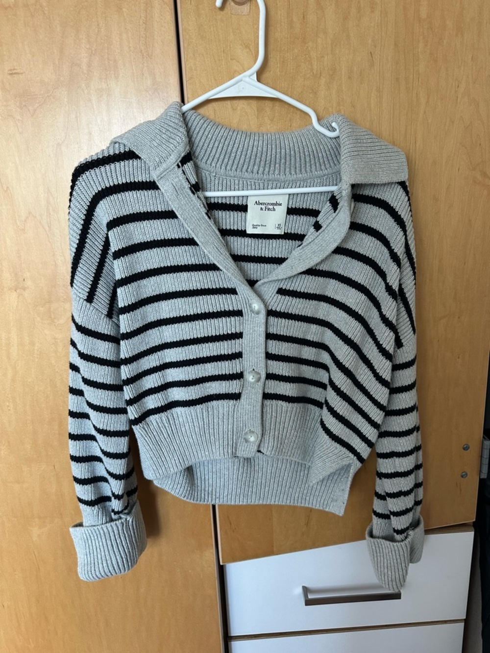 Abercrombie & Fitch Light Gray and Black Striped Button-Front Cardigan